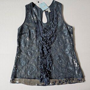 Tracy Reese Top Womens M Blue Gray Sequin Lace Overlay Ruffle Party Fairy NEW